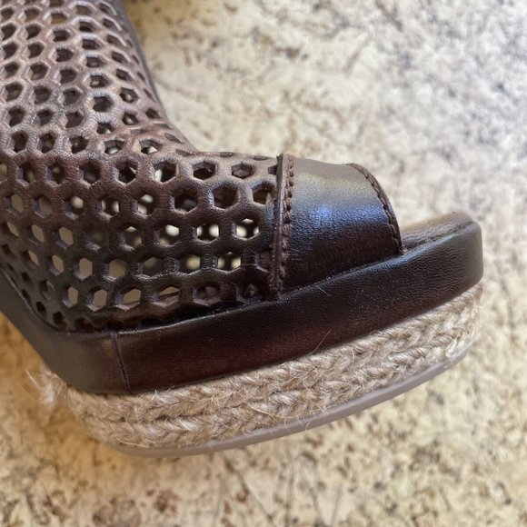 Classic brown perforated leather high heel platform Espadrilles sandals 8 38 NEW - Picture 3 of 9